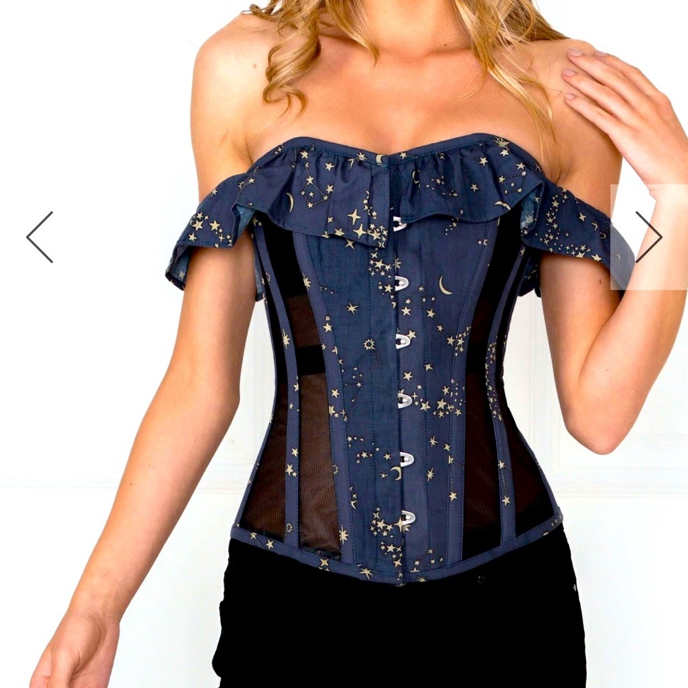 Corset Story Astronomy Print Cotton Mesh Paneled Overbust Corset w/sleeves 28”​